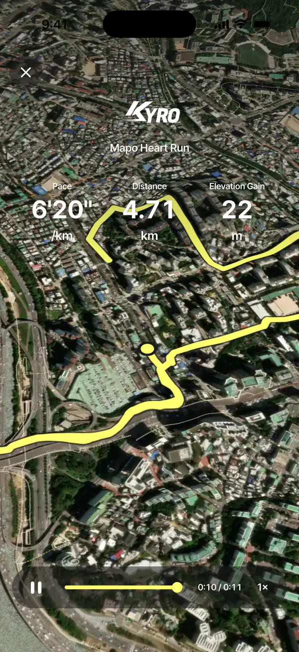A run replay in the KYRO app — the yellow line over satellite imagery