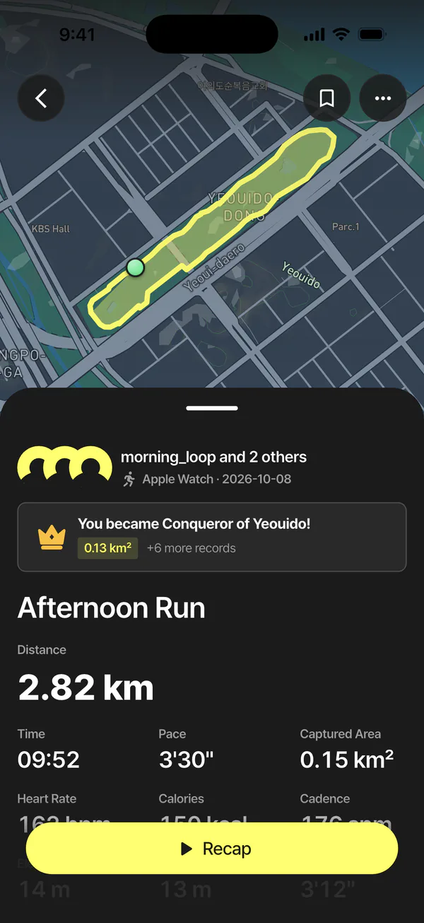 A run in the KYRO app — the inside of the loop became your territory